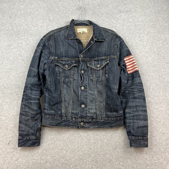 Ralph Lauren Denim & Supply Sherpa Lined Trucker Denim Jacket‎ Mens S USA Flag